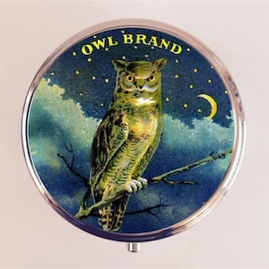 Victorian Owl Pill Box Case Pillbox Holder Trinket Box Vintage Advertising Bird Ad