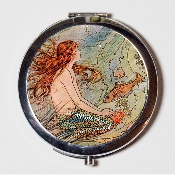 Mermaid with Fish Compact Mirror - Nautical Beach Ocean Sea Siren Mermaids - Make Up Pocket Mirror for Cosmetics