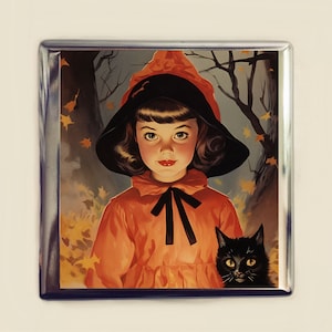 Young Witch Cigarette Case Business Card ID Holder Wallet Vintage Illustration Black Cat Witchcraft Halloween