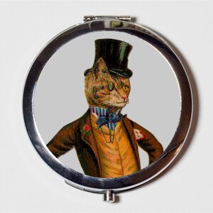 Victorian Cat Compact Mirror - Anthropomorphic Animal Art Steampunk - Make Up Pocket Mirror for Cosmetics