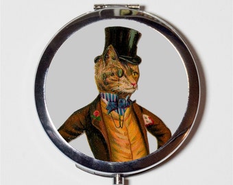 Victorian Cat Compact Mirror - Anthropomorphic Animal Art Steampunk - Make Up Pocket Mirror for Cosmetics