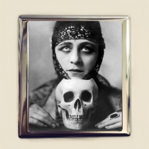 Art-Deco-Totenkopf-Frau, Zigarettenetui, Visitenkarten-Ausweishalter, Geldbörse, 1920er-Jahre, Jazz-Zeitalter, Skelett, makaber, dunkle Kunst, Vamp, Goth, Flapper