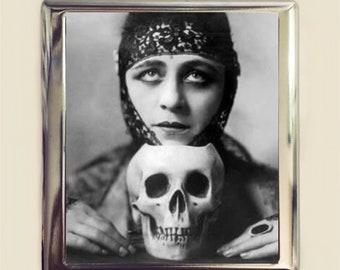 Art Deco Skull Woman Cigarette Case Business Card ID Holder Wallet 1920s Jazz Age Skeleton Macabre Dark Art Vamp Goth Flapper