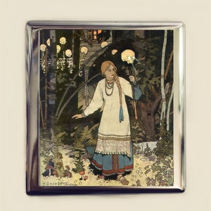 May include: A woman in a white dress with blue embroidery stands in a dark forest. She holds a glowing skull in her hand. The forest is filled with glowing skulls and mushrooms.