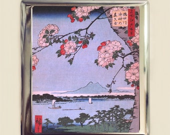 Japanese Cherry Blossoms Woodblock Cigarette Case Business Card ID Holder Wallet Japan Sakura Asian Art