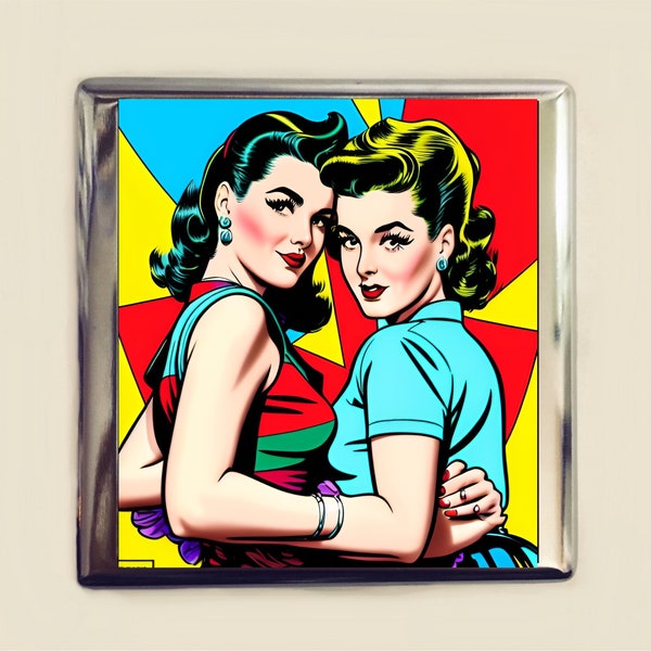 Lesbian Romance Comic Cigarette Case Business Card ID Holder Wallet LGBTQ Retro Queer Love