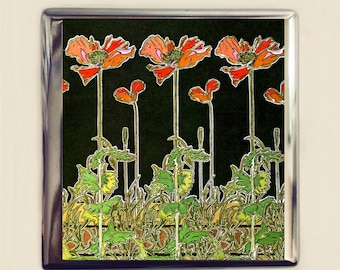 May include: A vintage-style illustration of red, orange, and green poppies on a black background. The flowers are stylised and have a decorative, art nouveau feel.