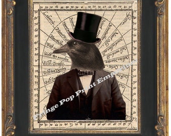 Victorian Raven Crow Man Art Print 8 x 10 - Altered Art - The Gentleman Mr. Crow in Top Hat