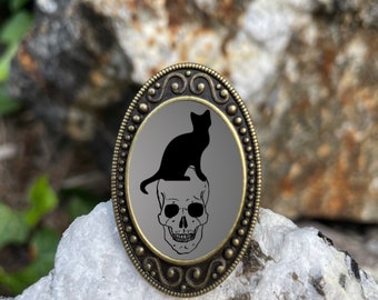 Black Cat on Skull Antiqued Bronze Adjustable Ring Skeleton Halloween Goth Spooky Brass