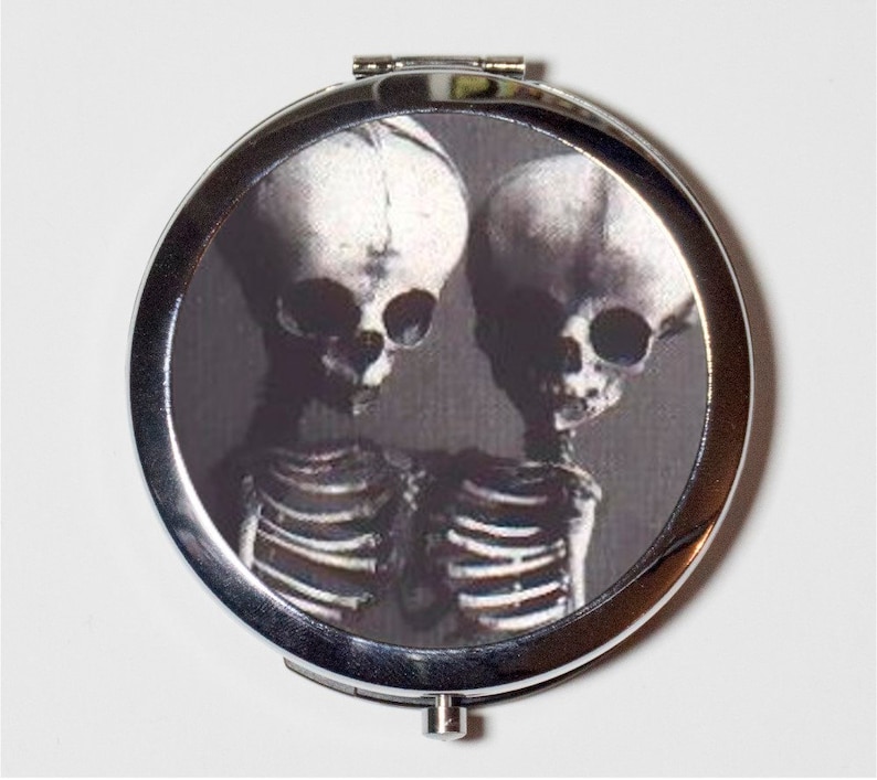 Siamese Skeletons Compact Mirror Conjoined Twins Medical Oddity Anatomical Victorian Make Up Pocket Mirror for Cosmetics image 1