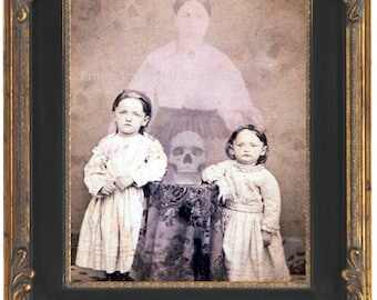 Victorian Ghost Art Print 8 x 10 - Altered Art Spirit Photo - Sisters Conuring Mom - Ghosts - Occult - Spiritualism - Seance - Skull Medium