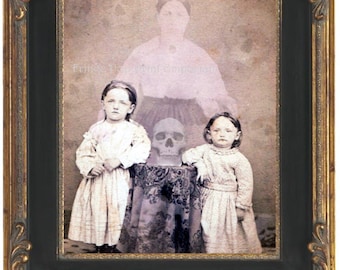 Victorian Ghost Art Print 8 x 10 - Altered Art Spirit Photo - Sisters Conuring Mom - Ghosts - Occult - Spiritualism - Seance - Skull Medium