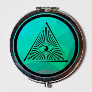 All Seeing Eye Compact Mirror - Illuminati Masonic Occult Teal - Make Up Pocket Mirror for Cosmetics