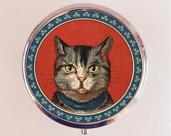 Cat Illustration Pill Box Case Pillbox Holder Trinket Retro Cats Head Illustration Kawaii