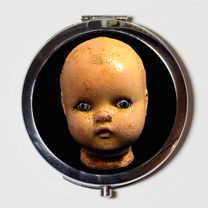 Creepy Doll Head Compact Mirror - Victorian Goth Horror Macabre Gothic - Make Up Pocket Mirror for Cosmetics