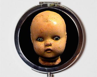 Creepy Doll Head Compact Mirror - Victorian Goth Horror Macabre Gothic - Make Up Pocket Mirror for Cosmetics
