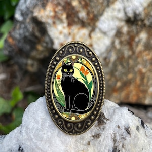 Art Nouveau Black Cat Antiqued Bronze Adjustable Ring Art Deco Brass