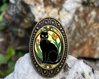 Anillo ajustable de bronce envejecido con gato negro Art Nouveau, latón Art Déco