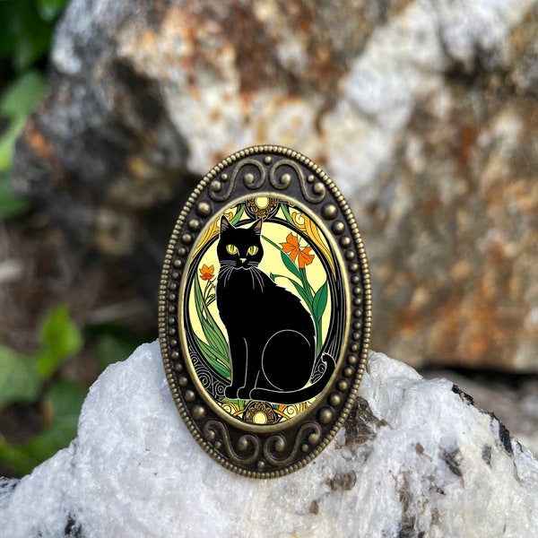 Art Nouveau Black Cat Antiqued Bronze Adjustable Ring Art Deco Brass