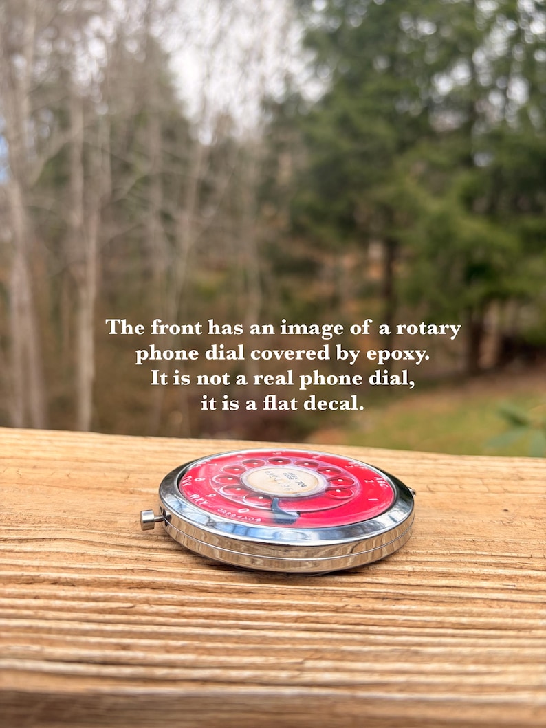 Rotary Telephone Flat Decal Compact Mirror - Red Dial Nostalgic Technology Phone - Make Up Pocket Mirror for Cosmetics image 2
