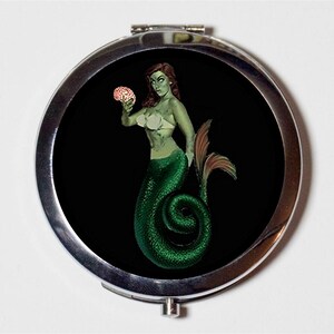 Zombie Mermaid Compact Mirror - Horror Cute and Creepy Pinup Pin Up Girl - Make Up Pocket Mirror for Cosmetics