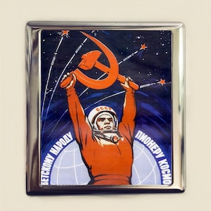 Union soviétique URSS étui à cigarettes porte-cartes d'identité portefeuille communiste marteau et faucille propagande russie course spatiale cosmonaute