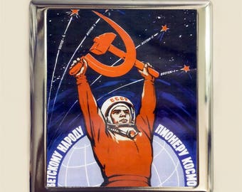 Estuche para cigarrillos de la Unión Soviética, URSS, tarjetero para tarjetas de visita, billetera, martillo y hoz comunistas, propaganda, Rusia, carrera espacial, cosmonauta