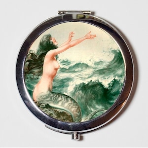 Parisian Mermaid Compact Mirror - Paris French Nautical Art Nouveau Deco - Make Up Pocket Mirror for Cosmetics