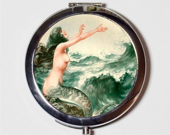 Parisian Mermaid Compact Mirror - Paris French Nautical Art Nouveau Deco - Make Up Pocket Mirror for Cosmetics