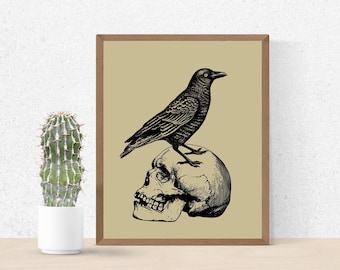 Skull on Crow Art Print 8 x 10 Goth Macabre Raven Spooky