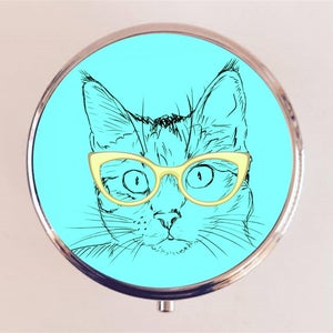 Cat Nerd Pill Box Case Pillbox Holder Trinket Hipster Cats Glasses Anthropomorphic Animal Art