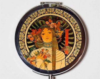 Alphonse Mucha Compact Mirror - Flower Bouquet Art Nouveau Edwardian Boho Gypsy - Make Up Pocket Mirror for Cosmetics