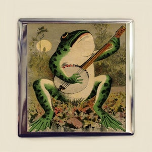 Victorian Frog Playing Banjo Cigarette Case Business Card ID Holder WalletAnimal Art Whimsical Anthropomorphic Trade Card