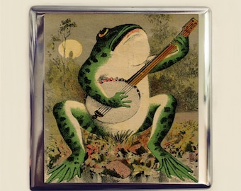 Grenouille victorienne jouant du banjo étui à cigarettes pour carte de visite porte-monnaie art animalier carte anthropomorphe fantaisiste