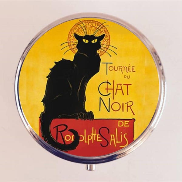 Chat Noir Pill Box Case Pillbox Holder Trinket Black Cat Art Nouveau Deco French Cabaret