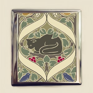 Art Nouveau Black Cat Cigarette Case Business Card ID Holder Wallet Blue Bird Birds Deco Pattern