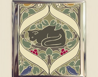 Art Nouveau Black Cat Cigarette Case Business Card ID Holder Wallet Blue Bird Birds Deco Pattern