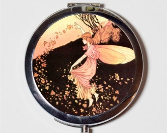 Miroir compact Fée avec des feuilles - Livre d'histoires d'automne Conte de fées - Miroir de poche pour maquillage