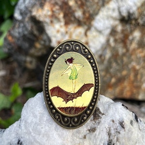 Girl Riding Bat Antiqued Bronze Adjustable Ring Bat Rider Fairytale Goth Storybook Illustration Brass