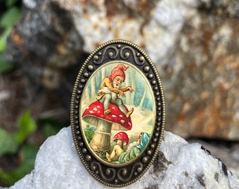Gnome Mushroom Antiqued Bronze Adjustable Ring Whimsical Garden Gnomes Brass