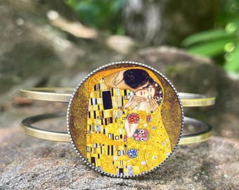 Gustav Klimt Kiss Bronze Cuff Bracelet | Famous Painting Jewelry | Art Deco Nouveau Inspired | Fine Art