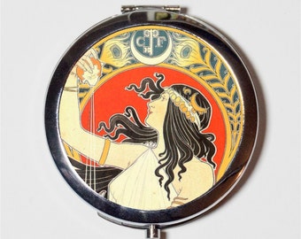 Alphonse Mucha Compact Mirror - Bitter Oriental Art Nouveau Boho Bohemian Gypsy  - Make Up Pocket Mirror for Cosmetics