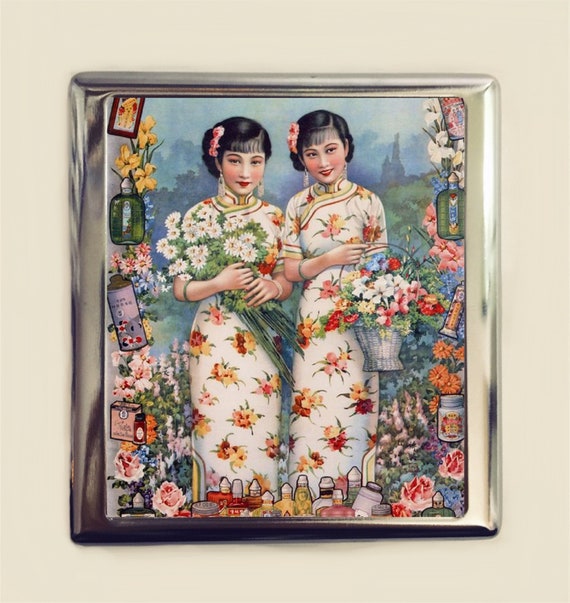Vintage Chinese Women Ad Cigarette Case Business Card ID Holder Wallet  Advertisement Cosmetics Retro