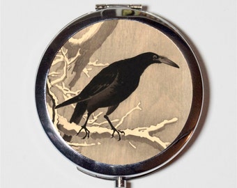 Japanese Woodblock Crow Compact Mirror - Black Bird Japan Asian Art - Make Up Pocket Mirror for Cosmetics
