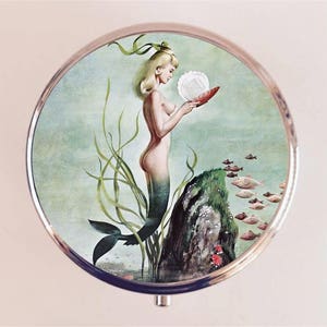 Retro Mermaid Pill Box Case Pillbox Holder Trinket 1950s Nautical Siren Pin Up