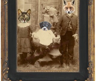 Animal Family Art Print 8 x 10 - Anthropomorphic Altered Art - Victorian Antique Photo - Dog Fox and Cat Siblings
