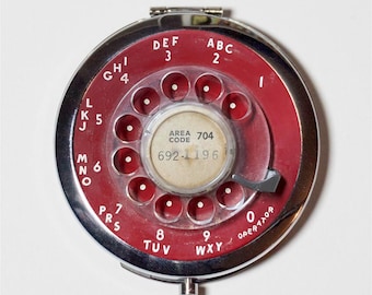 Rotary Telephone Flat Decal Compact Mirror - Red Dial Nostalgic Technology Phone - Make Up Pocket Mirror for Cosmetics