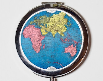 World Map Image Compact Mirror - Earth Globe Vintage Maps - Make Up Pocket Mirror for Cosmetics