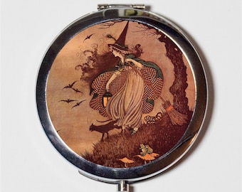 Storybook Witch Compact Mirror - Vintage Fairytale Fairy Tale Halloween Gnarly Tree - Make Up Pocket Mirror for Cosmetics