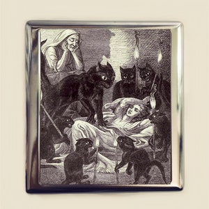 Black Cat Attack Cigarette Case Business Card ID Holder Wallet Vintage Illustration Goth Dark Art Storybook